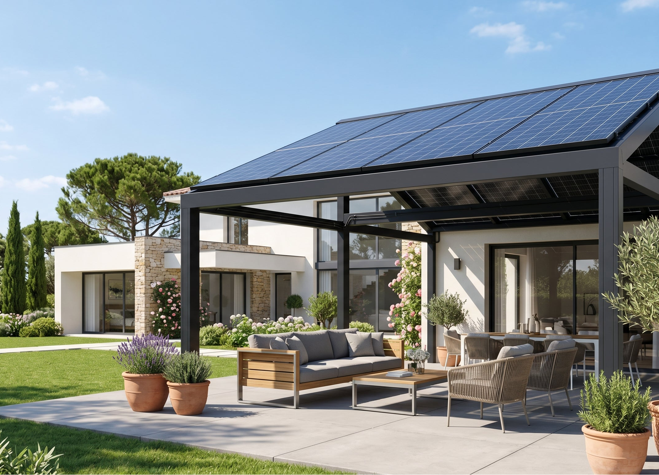 Pergola photovoltaïque moderne pour produire de l’électricité à domicile