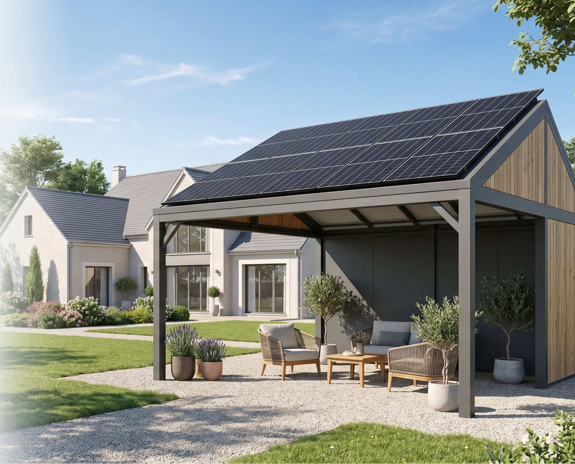 Abri photovoltaïque extérieur avec panneaux solaires pour maison