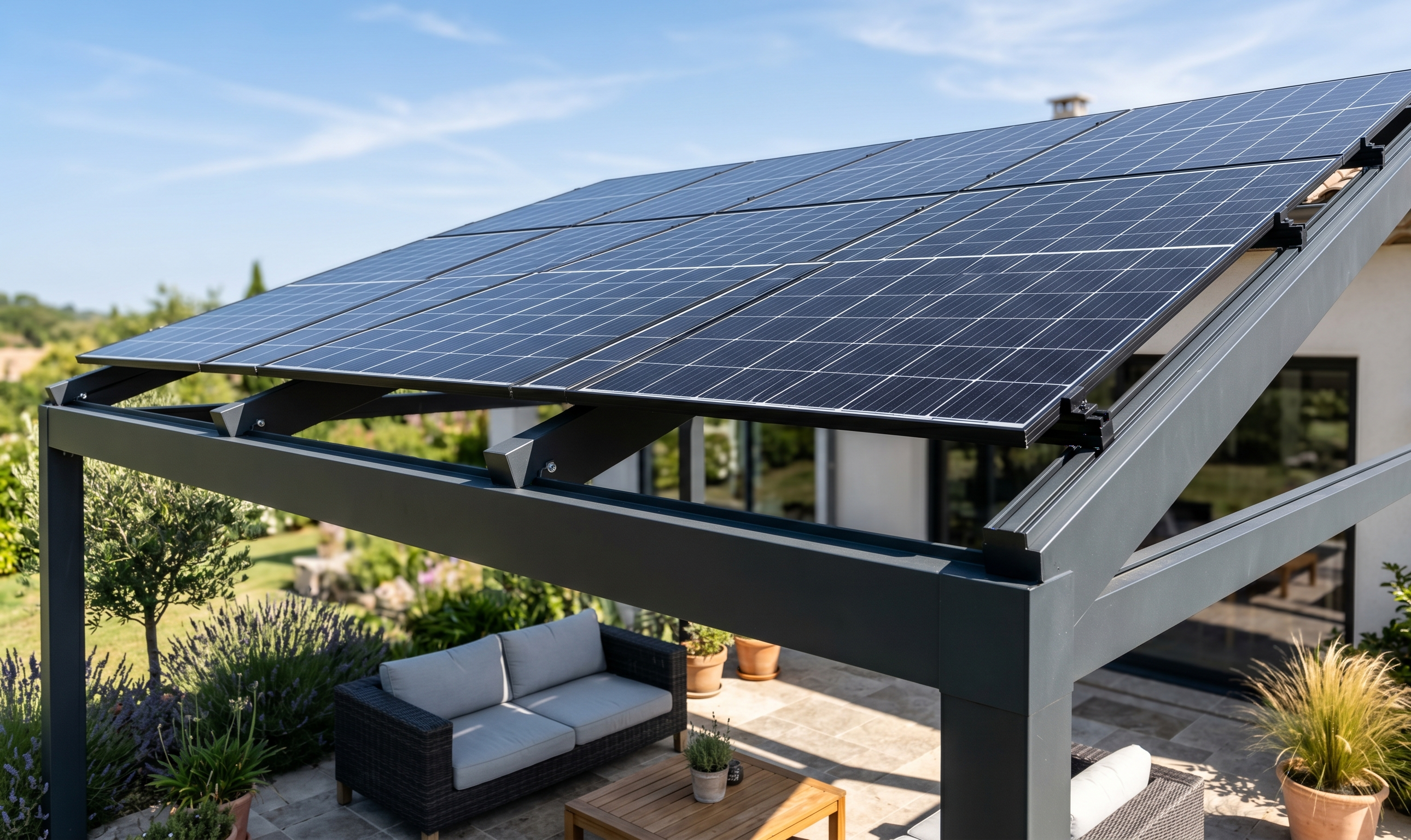Terrasse de maison équipée d’une pergola solaire