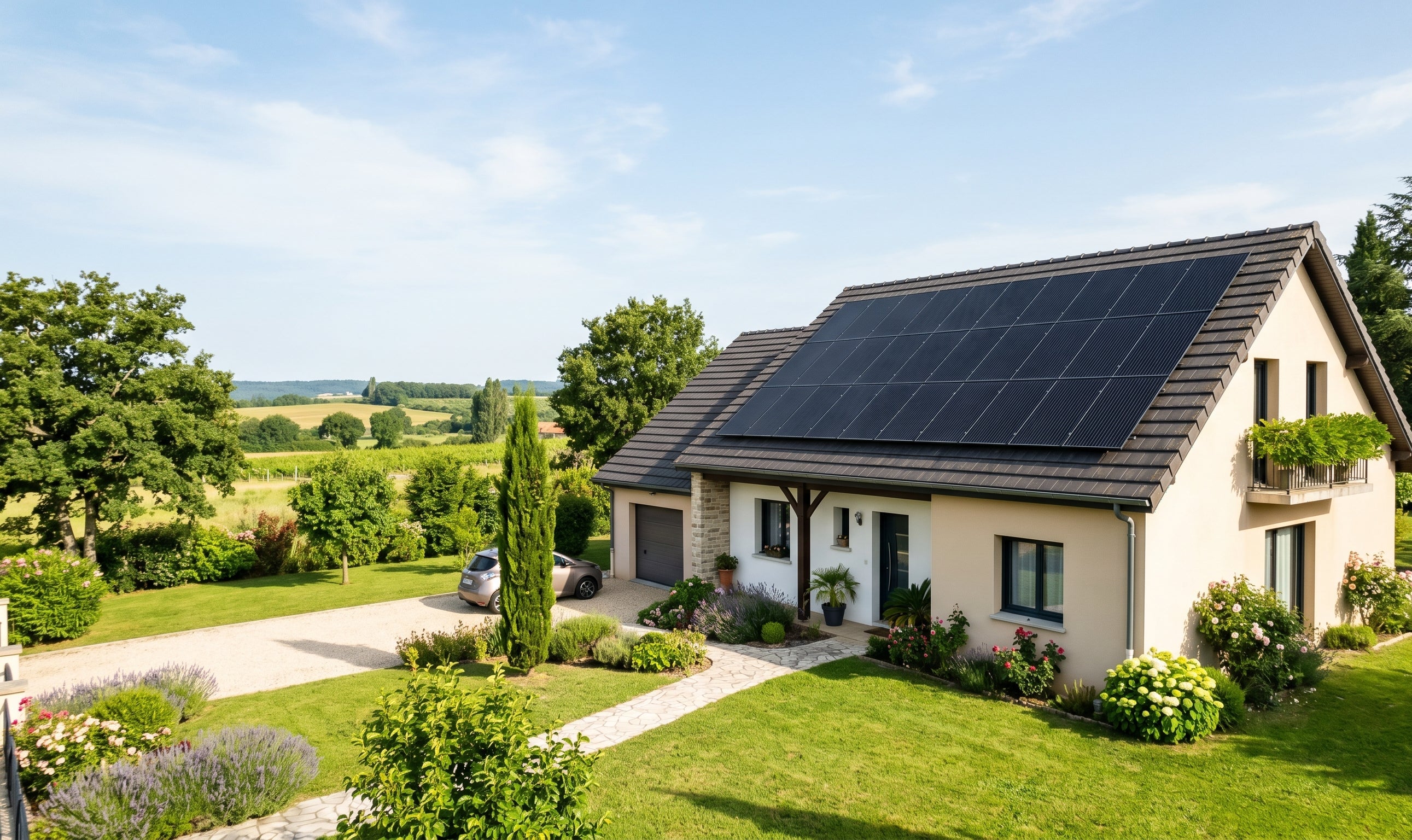 Maison avec installation photovoltaïque sur toiture en France